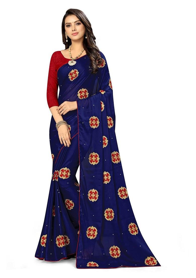Blue Ethnic Motifs Embroidery Poly Blend Saree Set