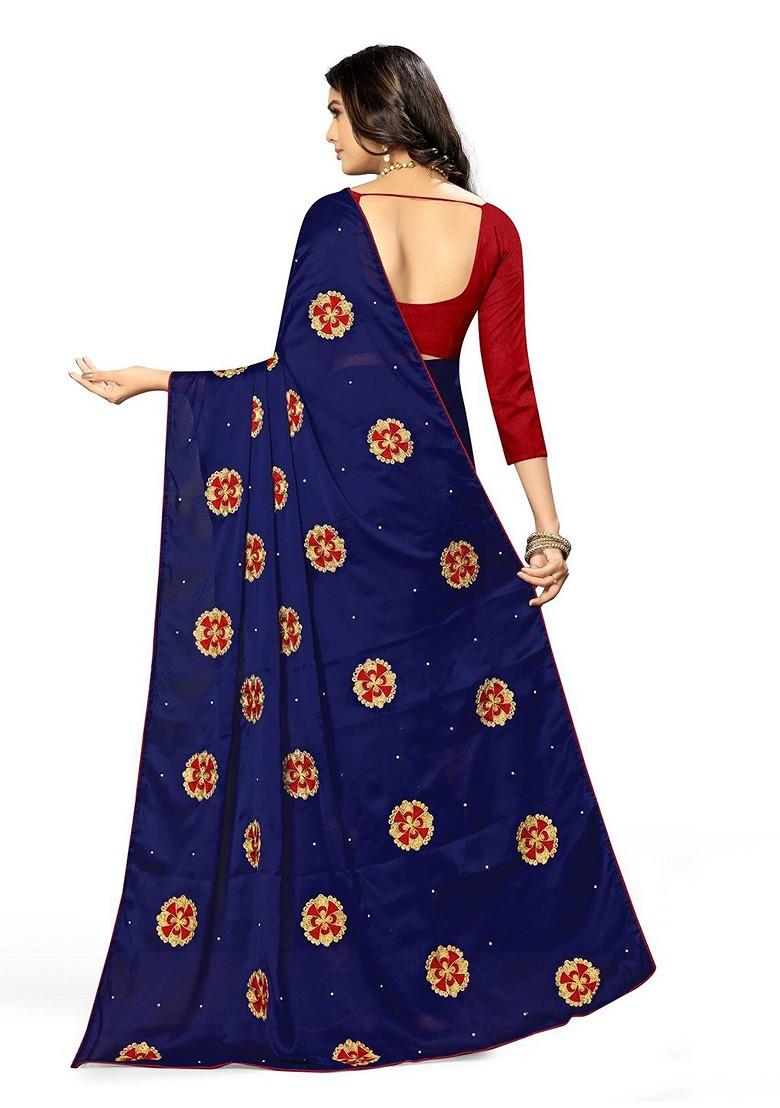 Blue Ethnic Motifs Embroidery Poly Blend Saree Set