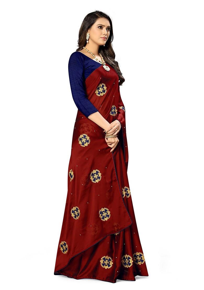 Maroon Ethnic Motifs Embroidery Silk Saree Set