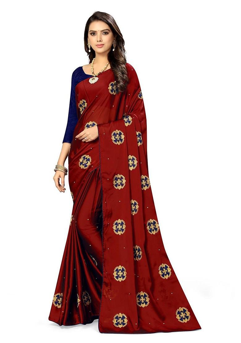 Maroon Ethnic Motifs Embroidery Silk Saree Set