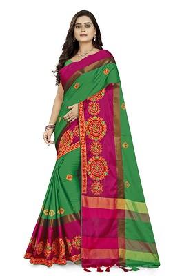 Green Ethnic Motifs Embroidery Silk Saree Set