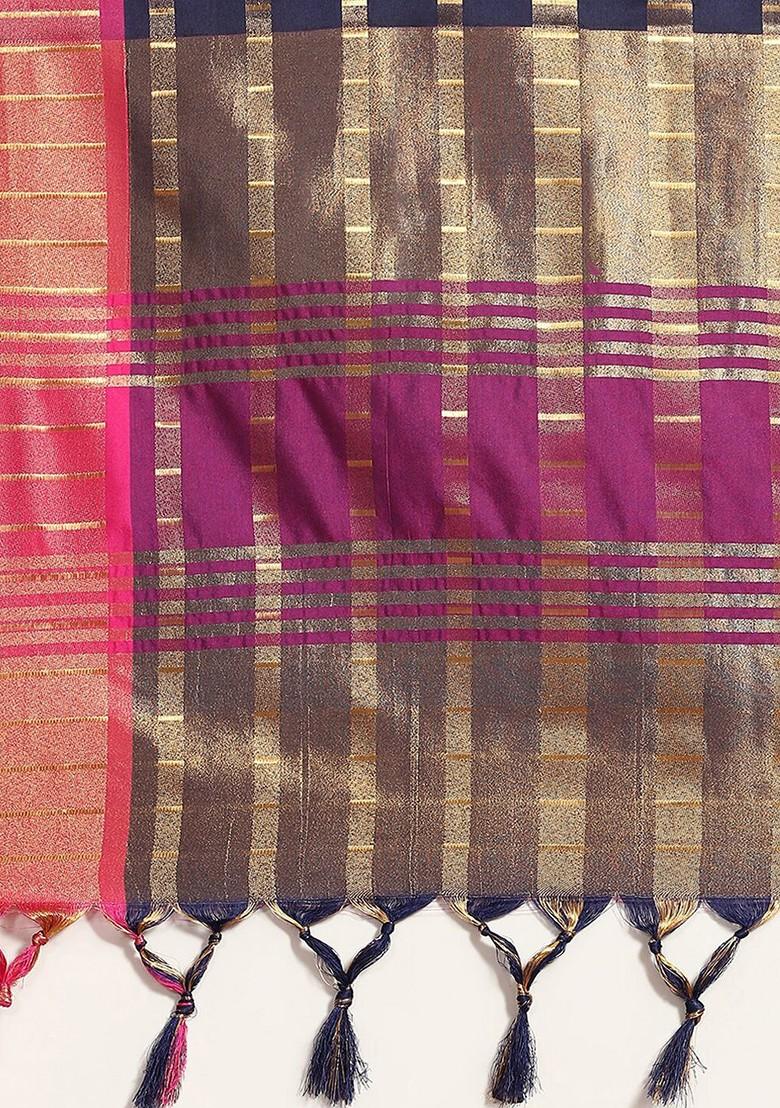 Navy Blue Zari Embroidered Poly Blend Saree Set