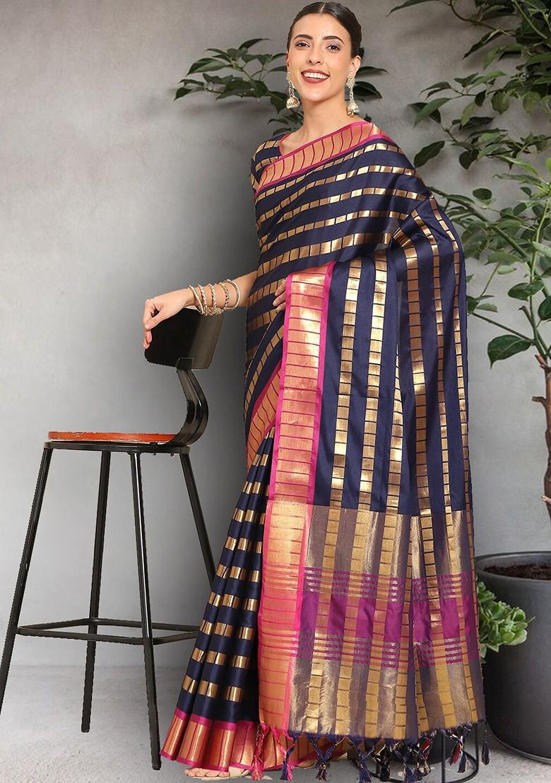Navy Blue Zari Embroidered Poly Blend Saree Set