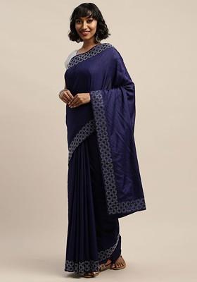 Navy Blue Solid Silk Saree Set