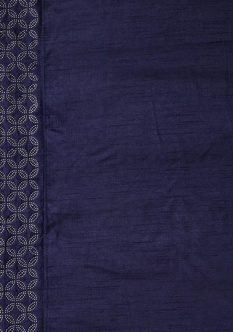 Navy Blue Solid Silk Saree Set