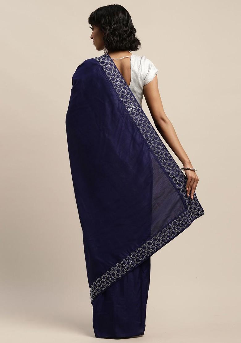 Navy Blue Solid Silk Saree Set