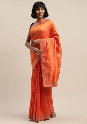 Orange Solid Silk Saree Set