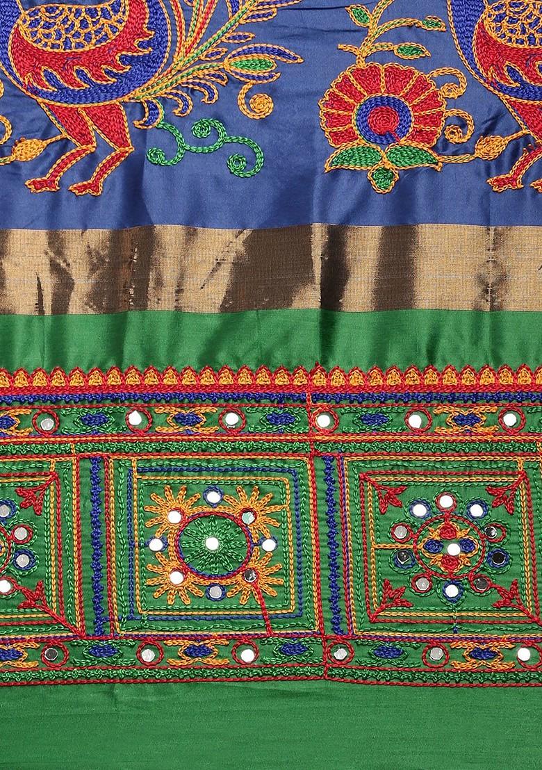 Navy Blue Embroidered Silk Saree Set