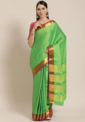 Green Zari Embroidered Poly Blend Saree Set