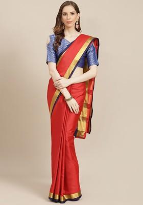 Red Zari Embroidered Poly Blend Saree Set