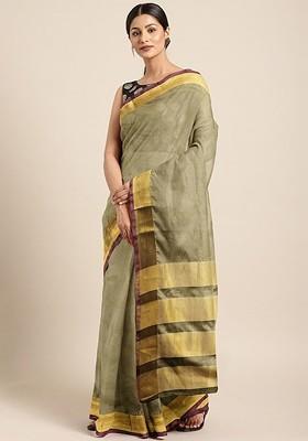 Grey Zari Embroidered Silk Saree Set