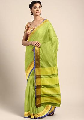 Green Solid Silk Saree Set