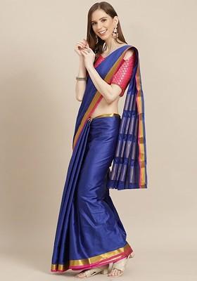 Blue Zari Embroidered Silk Saree Set