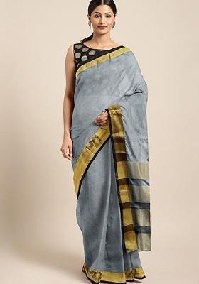 Grey Zari Embroidered Silk Saree Set