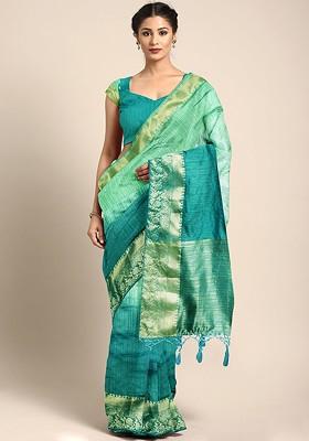 Teal Tie And Dye Silk Saree Set
