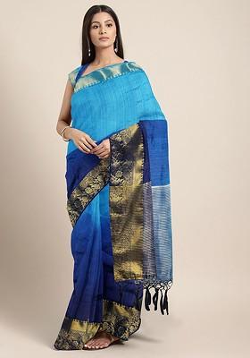 Blue Solid Silk Saree Set