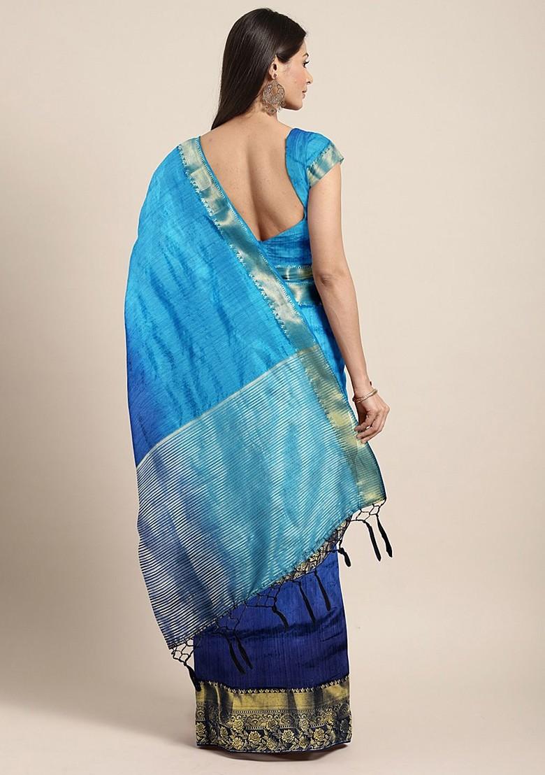 Blue Solid Silk Saree Set