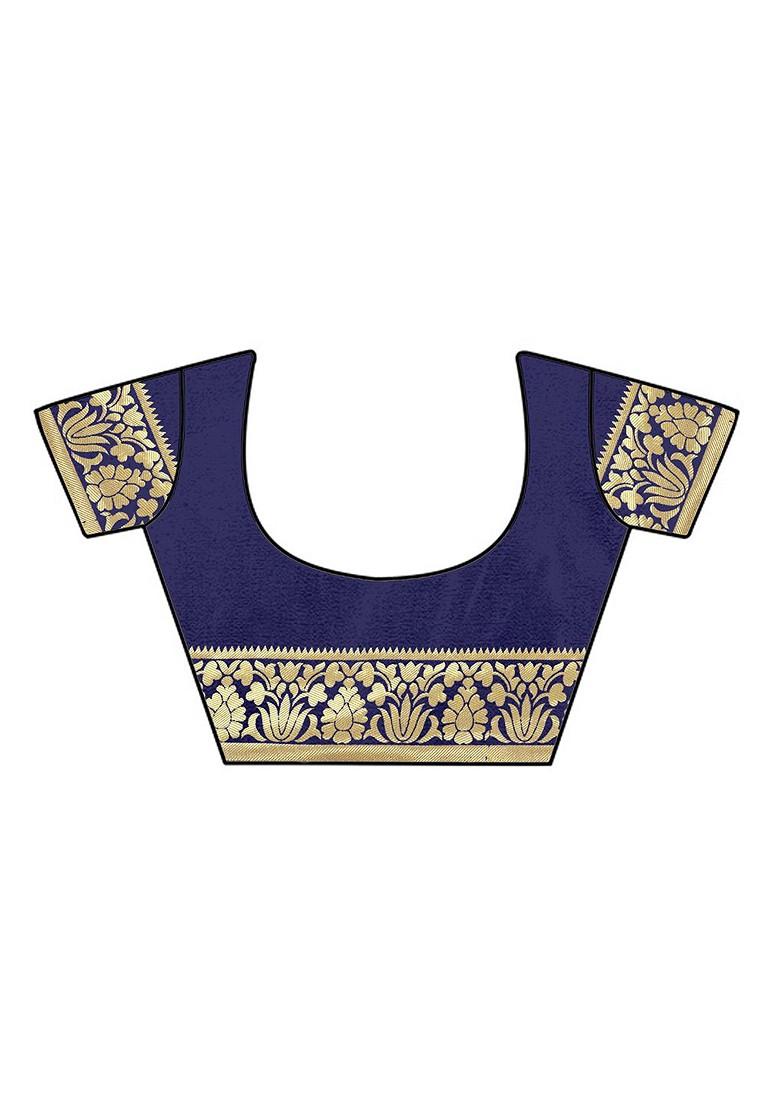 Blue Ethnic Motifs Embroidery Silk Saree Set