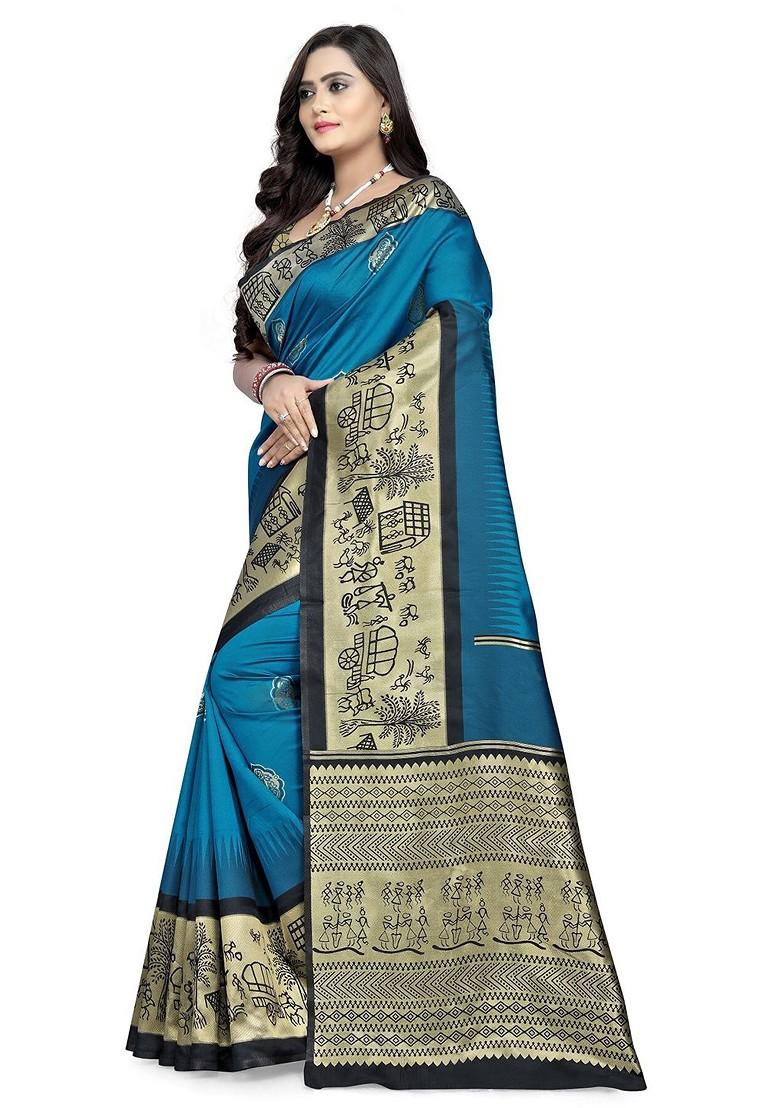 Blue Solid Silk Saree Set