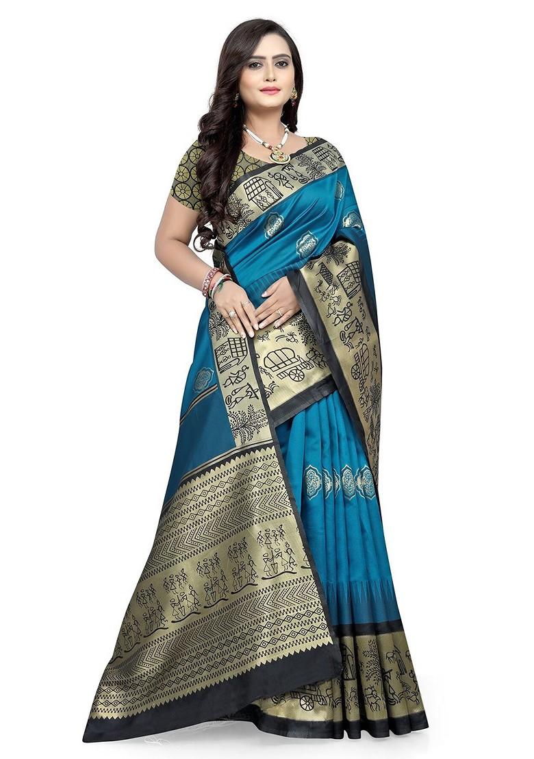 Blue Solid Silk Saree Set