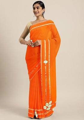Orange Solid Poly Blend Saree Set