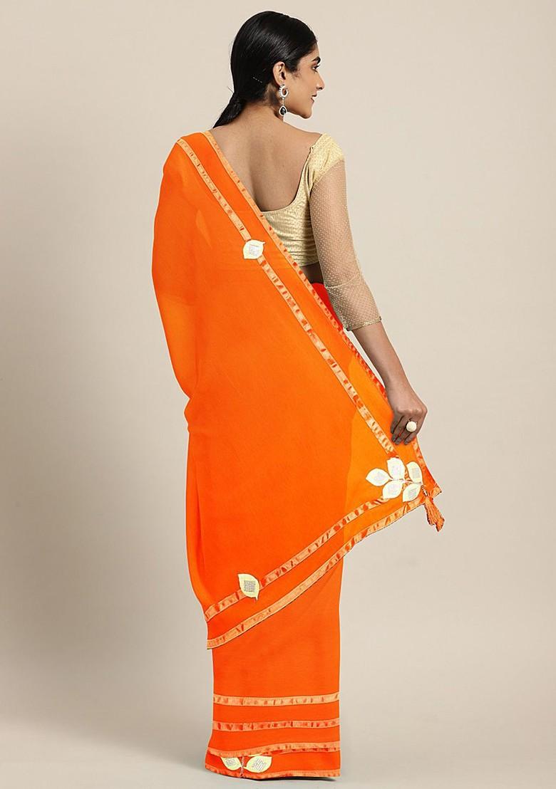 Orange Solid Poly Blend Saree Set