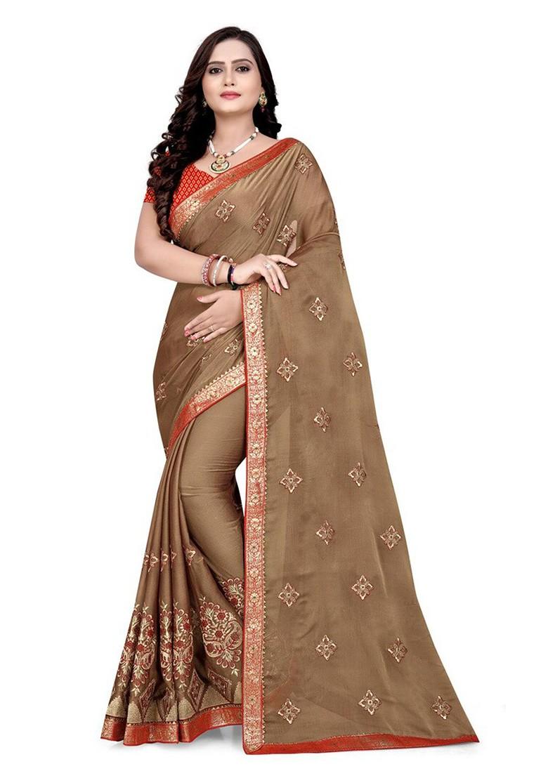Brown Ethnic Motifs Embroidery Chiffon Saree Set
