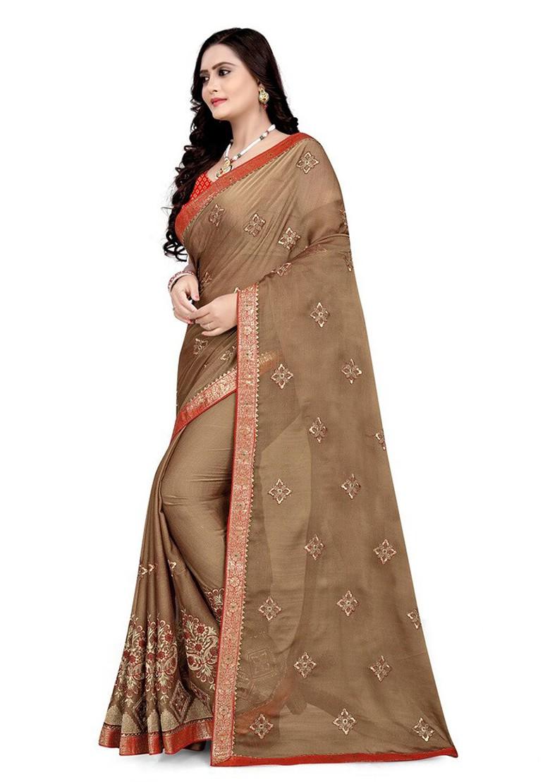 Brown Ethnic Motifs Embroidery Chiffon Saree Set