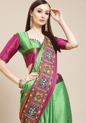 Green Ethnic Motifs Embroidery Silk Saree Set