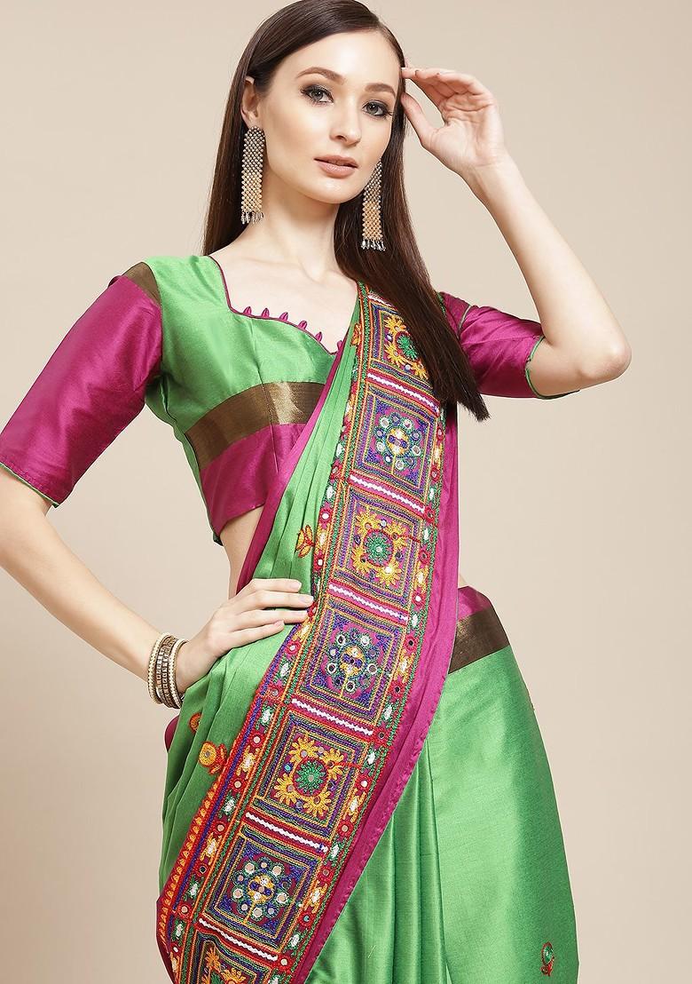 Green Ethnic Motifs Embroidery Silk Saree Set
