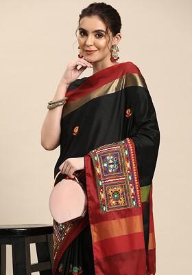 Black Ethnic Motifs Embroidery Silk Saree Set