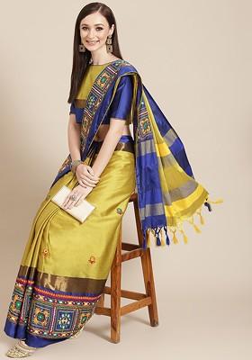 Yellow Ethnic Motifs Embroidery Silk Saree Set