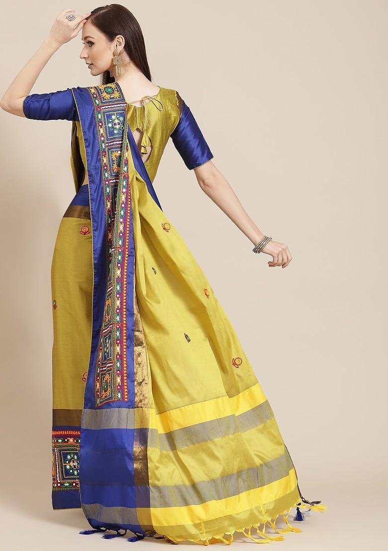 Yellow Ethnic Motifs Embroidery Silk Saree Set