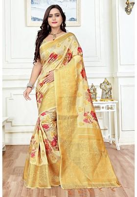 Golden Printed Silk Saree Set
