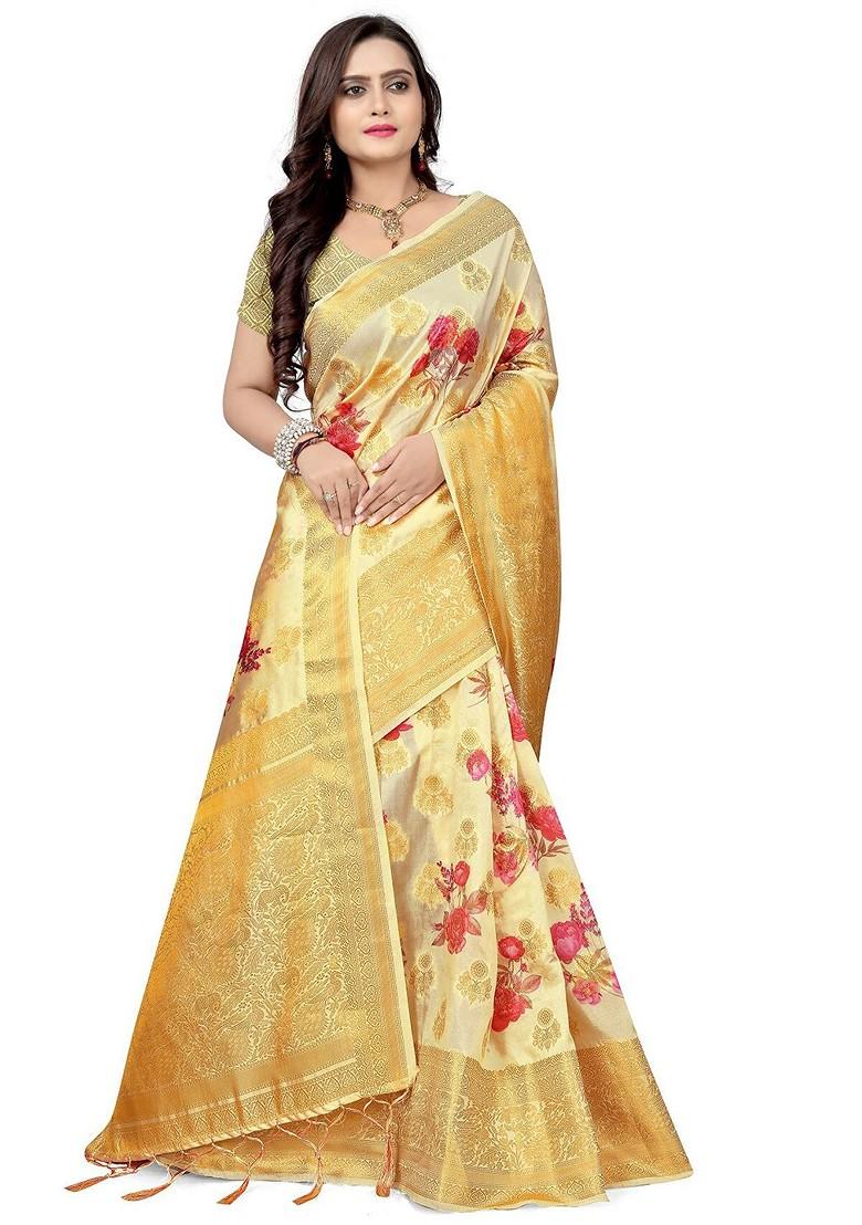 Golden Printed Silk Saree Set
