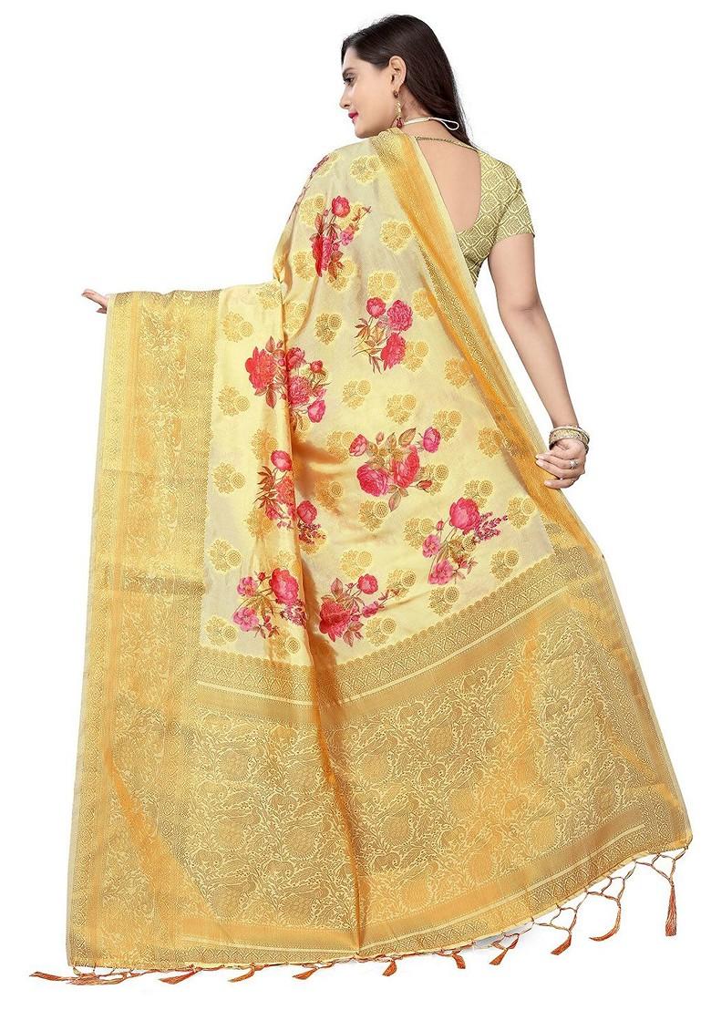 Golden Printed Silk Saree Set