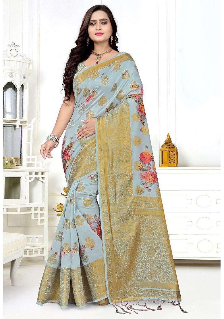 Grey Printed Silk Saree Set