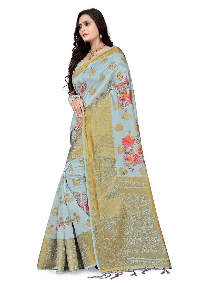 Grey Printed Silk Saree Set
