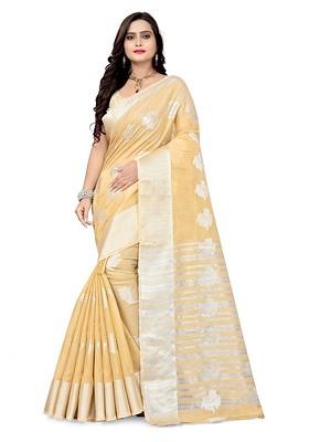 Beige Zari Embroidered Silk Saree Set