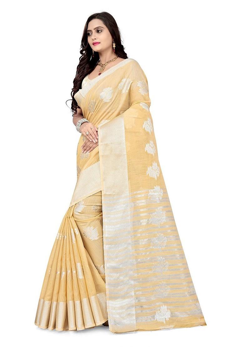 Beige Zari Embroidered Silk Saree Set