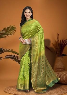 Lime Green Zari Embroidered Banarasi Silk Saree Set