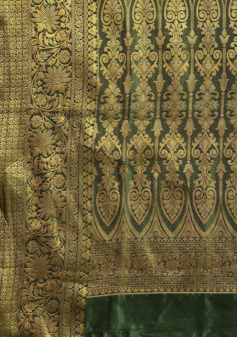 Lime Green Zari Embroidered Banarasi Silk Saree Set