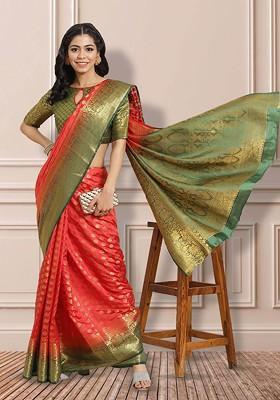 Red Zari Embroidered Banarasi Silk Saree Set