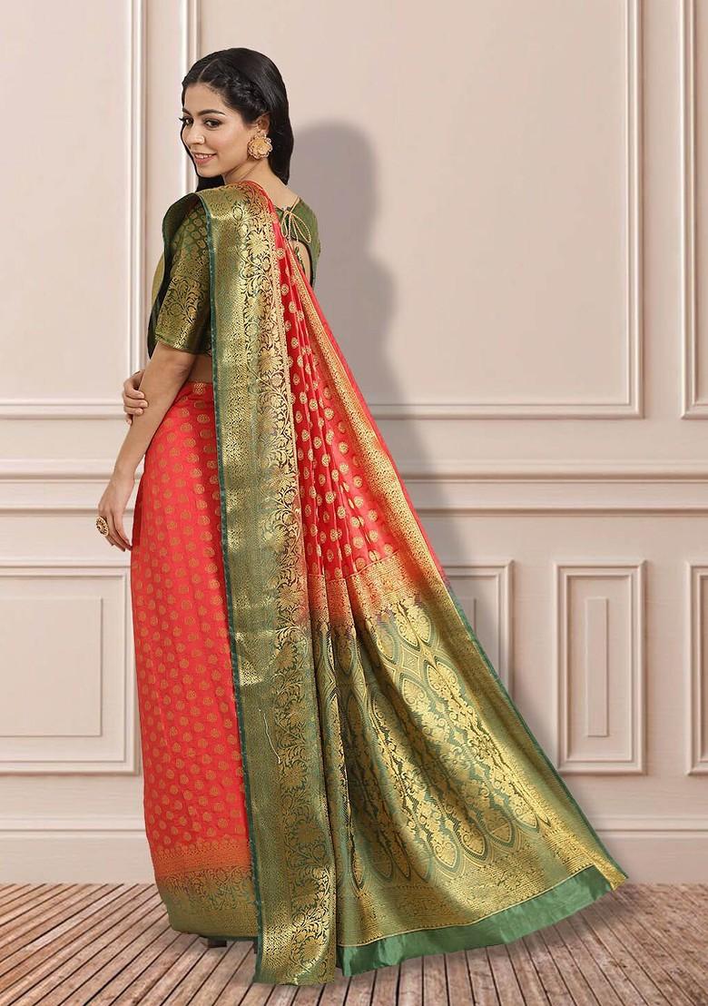 Red Zari Embroidered Banarasi Silk Saree Set