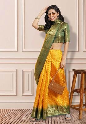Yellow Zari Embroidered Banarasi Silk Saree Set