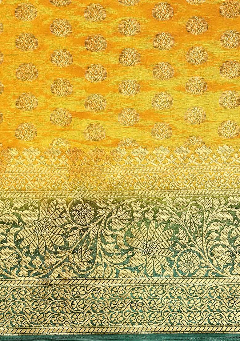 Yellow Zari Embroidered Banarasi Silk Saree Set