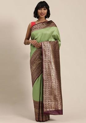 Green Check Print Poly Blend Saree Set