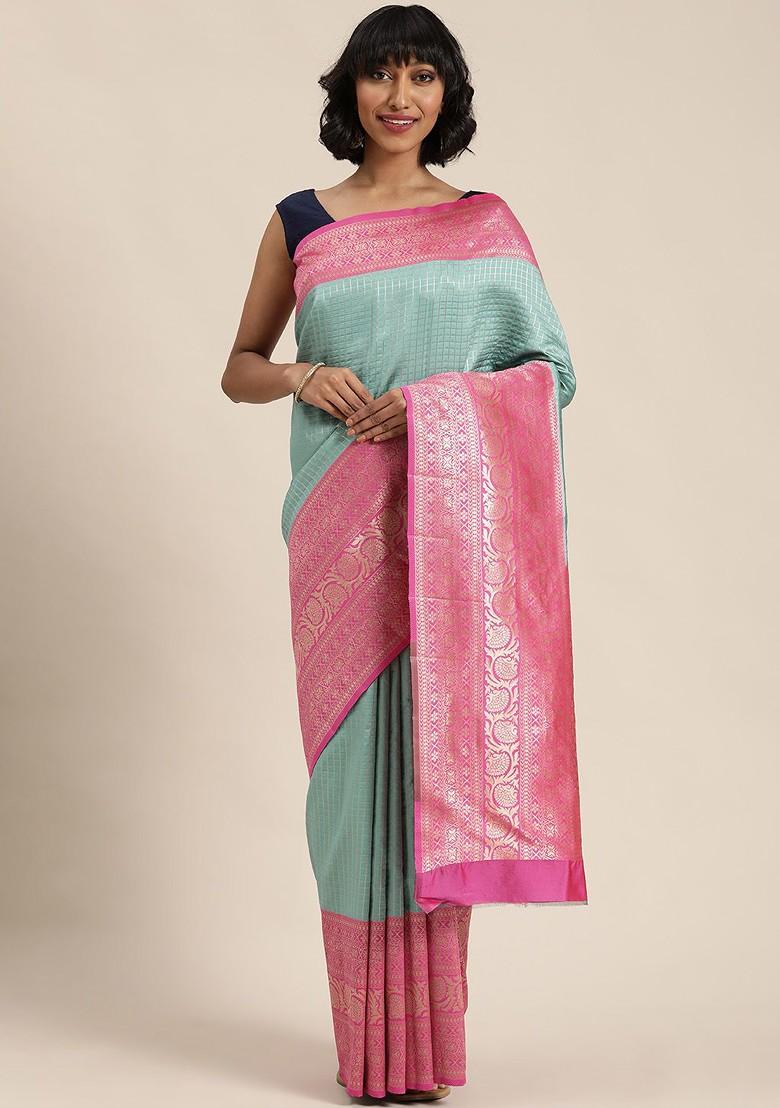 Turquoise Blue Check Print Poly Blend Saree Set