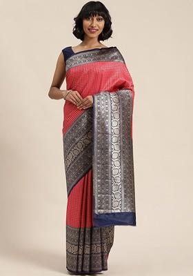 Pink Check Print Poly Blend Saree Set