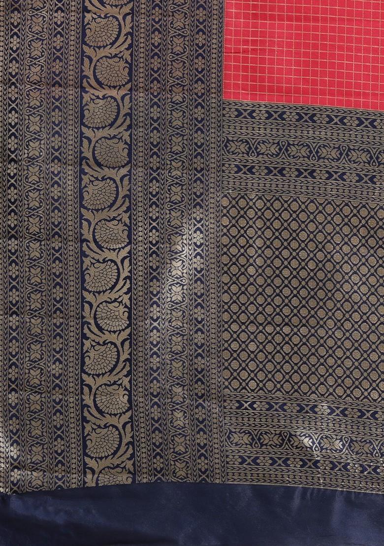 Pink Check Print Poly Blend Saree Set